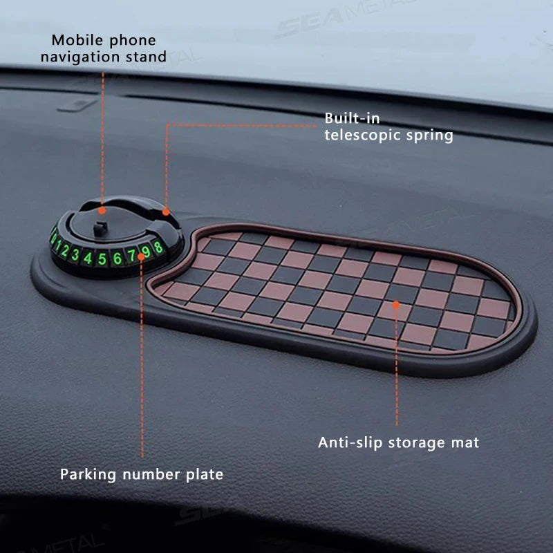 Phone mounted on dashboard mat showing GPS navigation